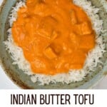 Tofu butter chicken over rice in a bowl