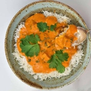 Tofu butter chicken over rice in a bowl