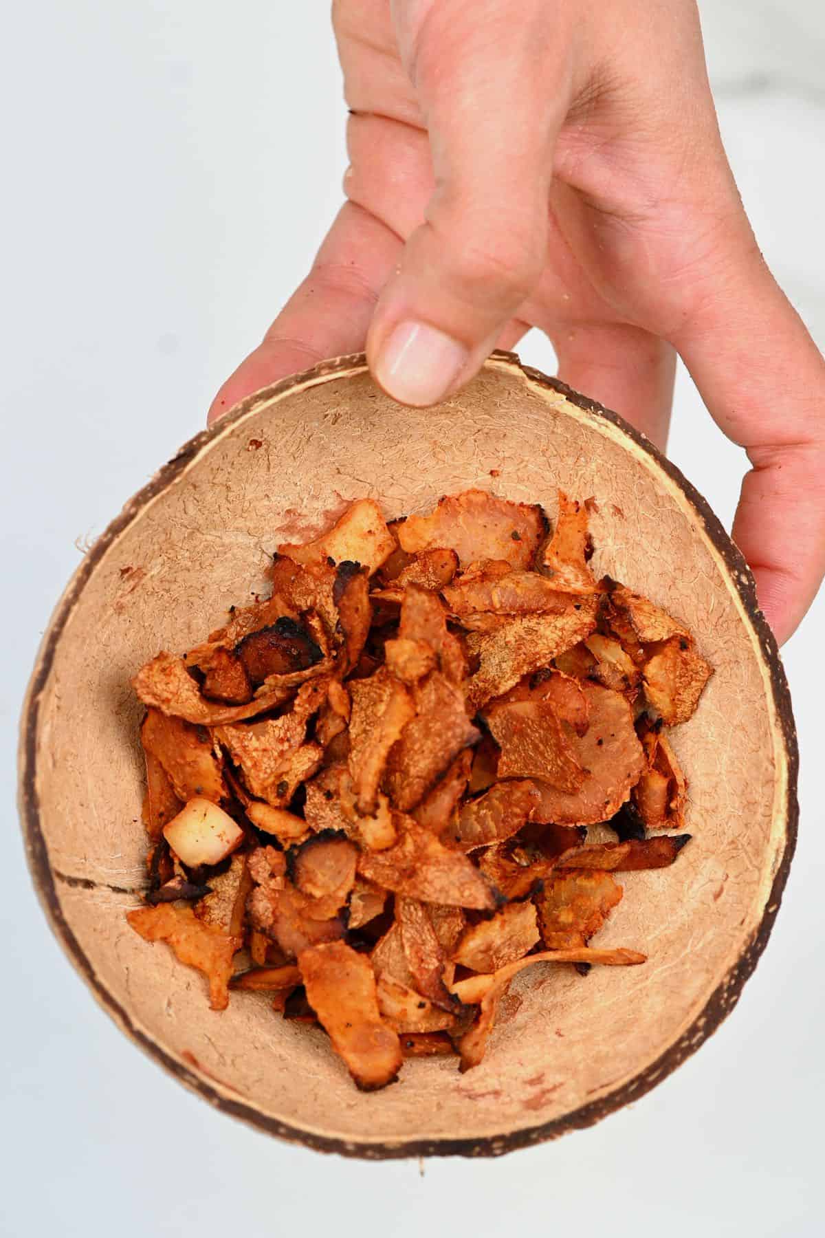 Vegan coconut bacon in a bowl