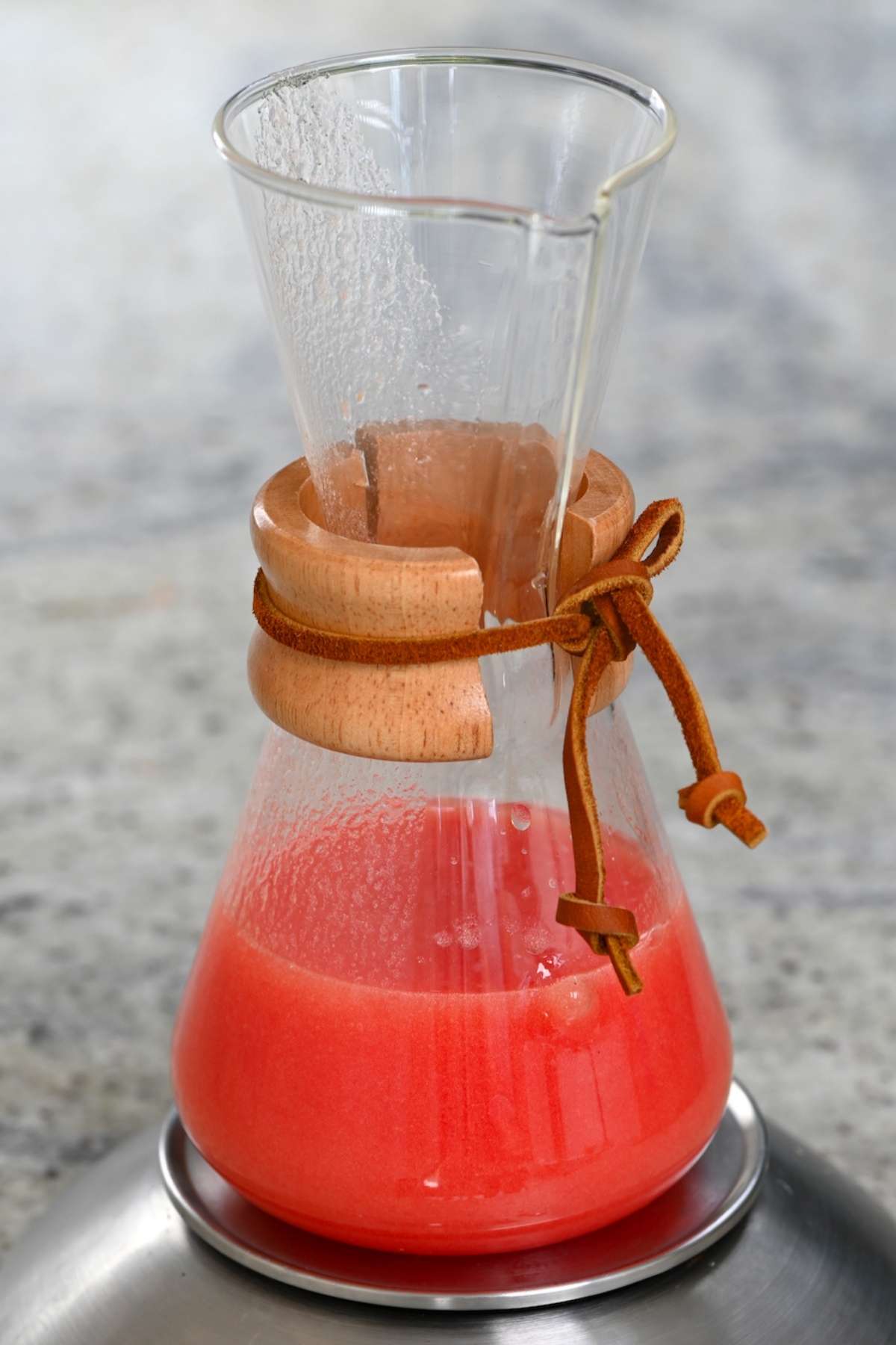 Tomato juice in a glass container