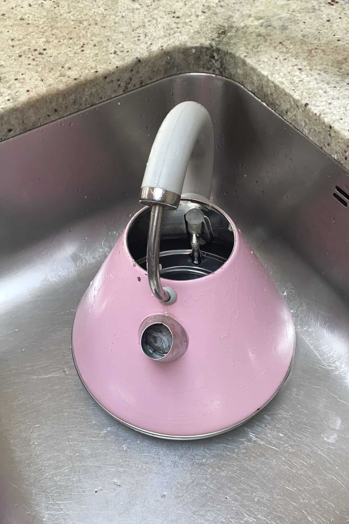 Freshly cleaned kettle in a sink