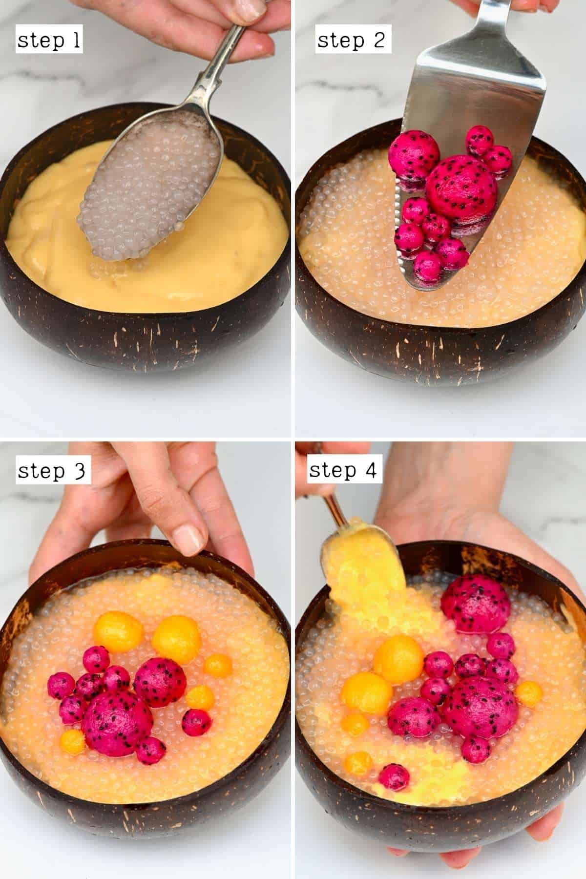Steps for topping a mango sago