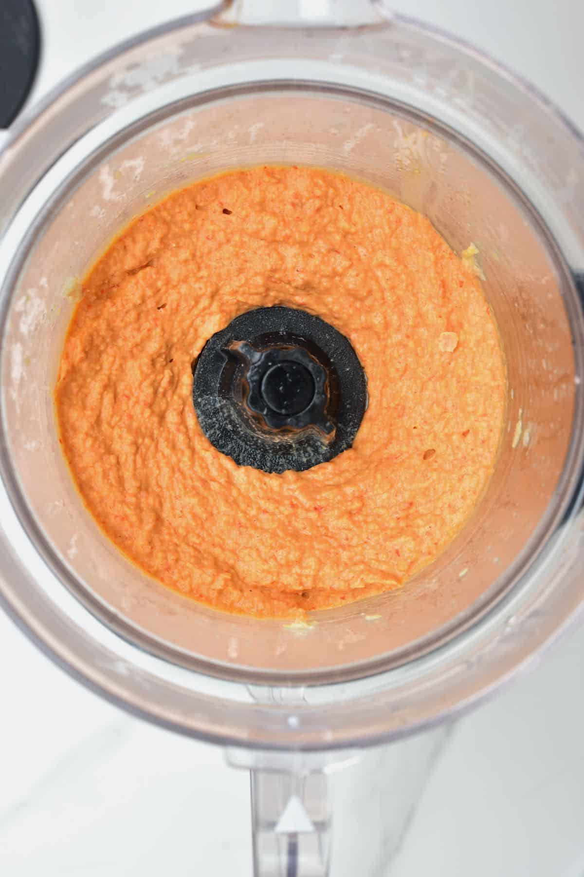 Roasted red pepper hummus in a blender