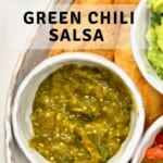 Salsa Verde in a small bowl next to corn chips