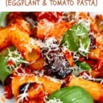 Tomato and eggplant pasta in a bowl