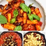 Tomato and eggplant pasta in a bowl and steps to make it