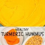 Golden turmeric hummus and roasted bell pepper and bowl of chickpeas