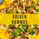 Golden turmeric hummus topped with cauliflower pine nuts and parsley