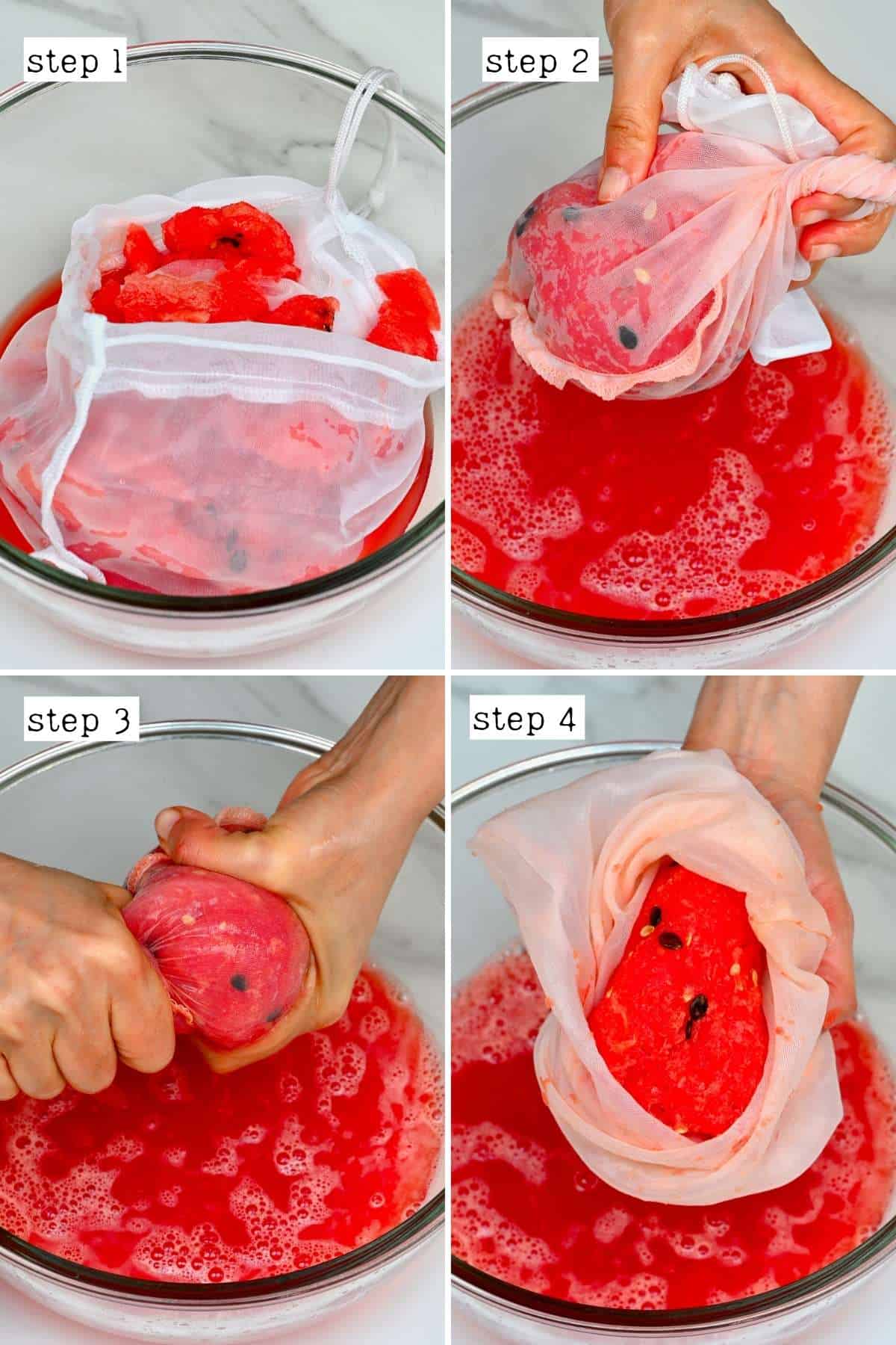 Steps for juicing watermelon with a nut milk bag