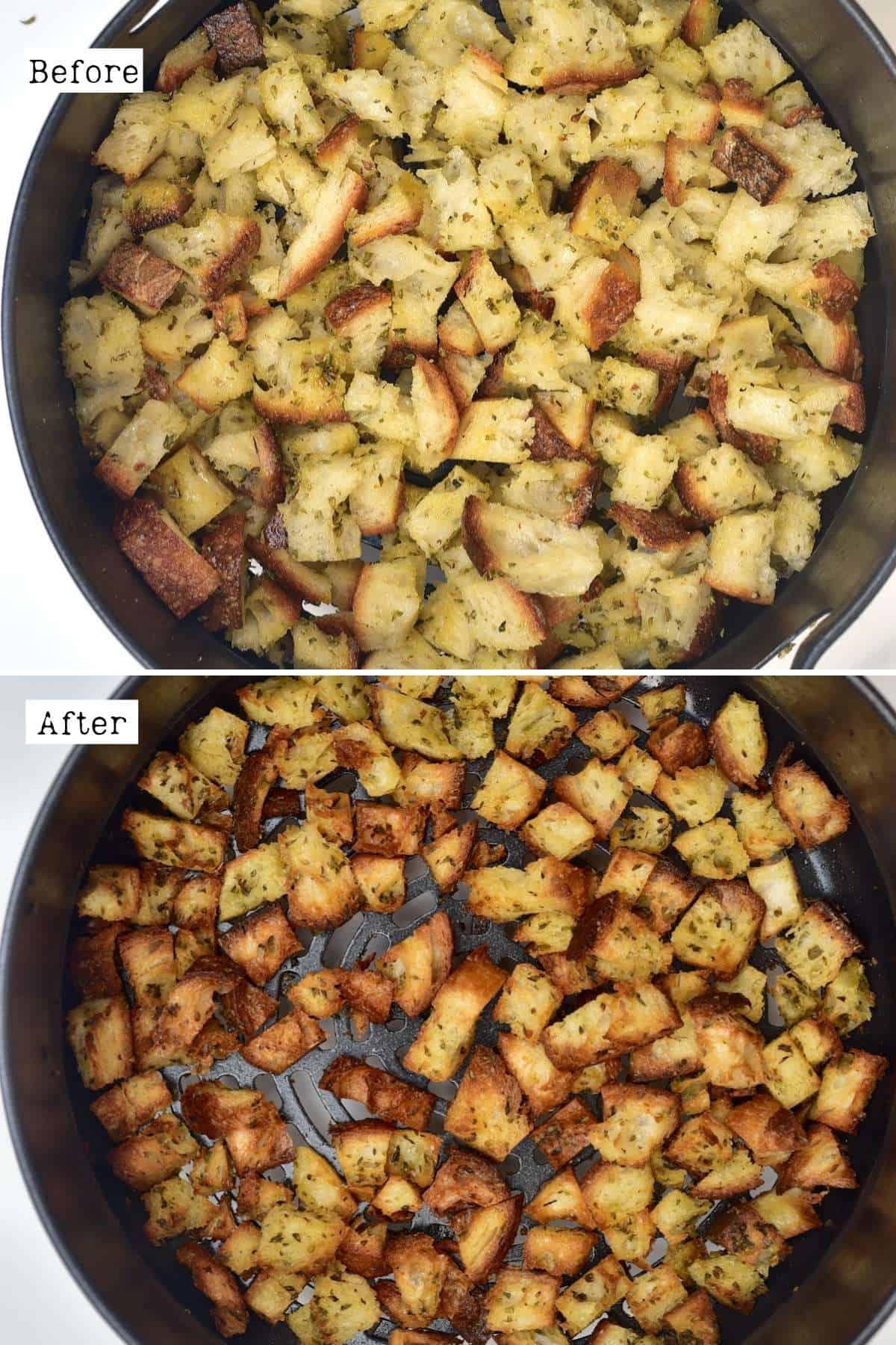 Before and after air frying croutons
