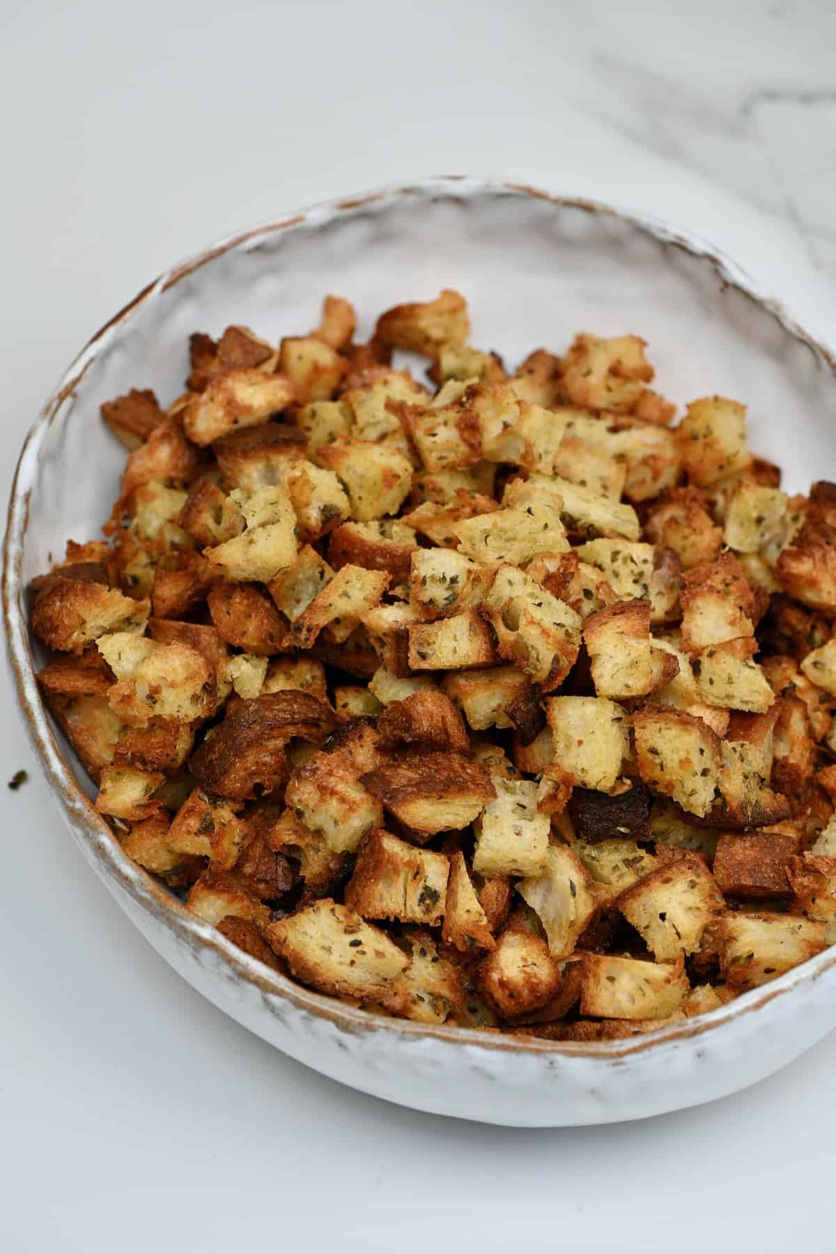 A bowl with croutons