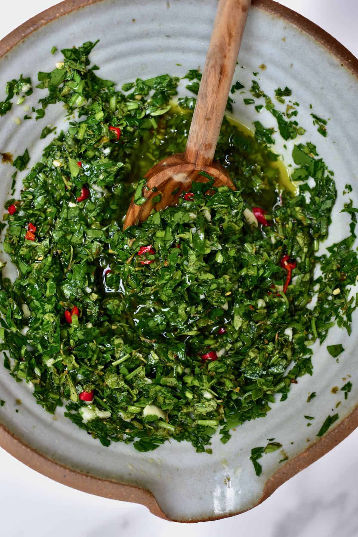 A bowl with chimichurri