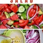 Avocado cucumber tomato salad in a bowl and adding dressing to the salad