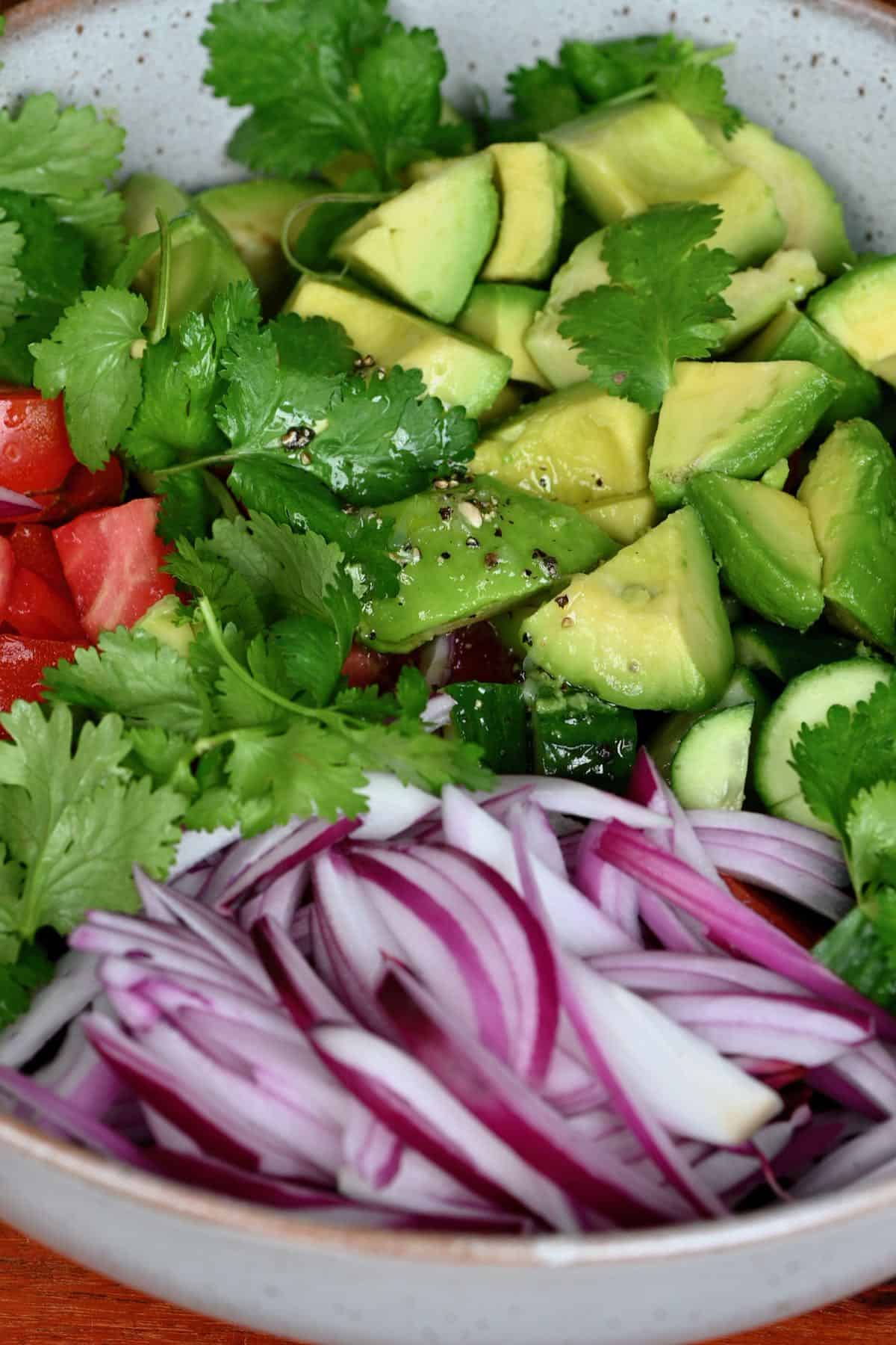 Salad ingredients topped with dressing