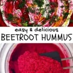 Beetroot hummus topped with whipped cheese and dill and a spoonful of beetroot hummus