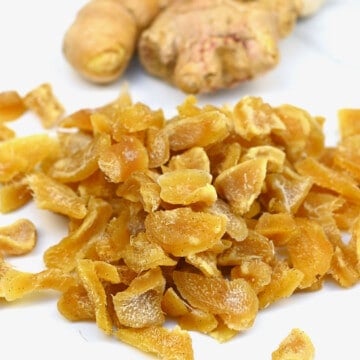 Crystallised ginger on a flat surface