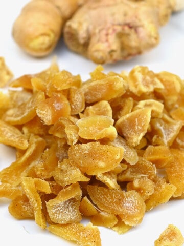 Crystallised ginger on a flat surface