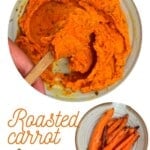 Roasted carrot dip in a bowl and roasted carrots in a bowl