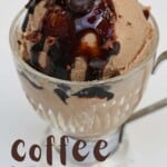 A serving of coffee ice cream topped with syrup