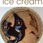 A serving of coffee ice cream with syrup