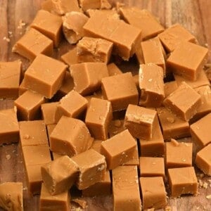 Homemade caramel fudge cut into cubes