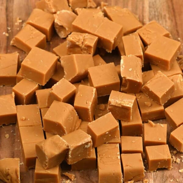 Homemade caramel fudge cut into cubes