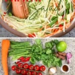 Making a green papaya salad and ingredients for it