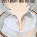 Pouring Mexican Horchata in a nut milk bag