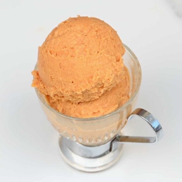 Two balls of peach ice cream in a small cup