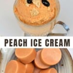 Drizzling syrup over peach ice cream