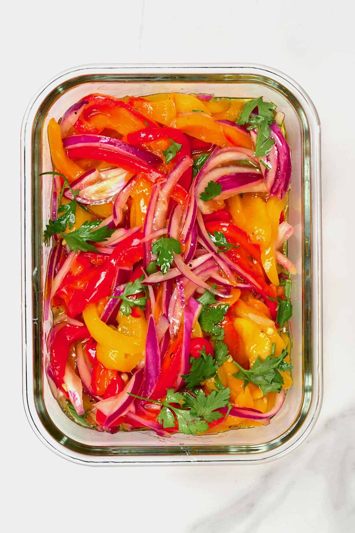 Roasted pepper salad in a container