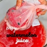 Watermelon juice in a bowl and a nut milk bag