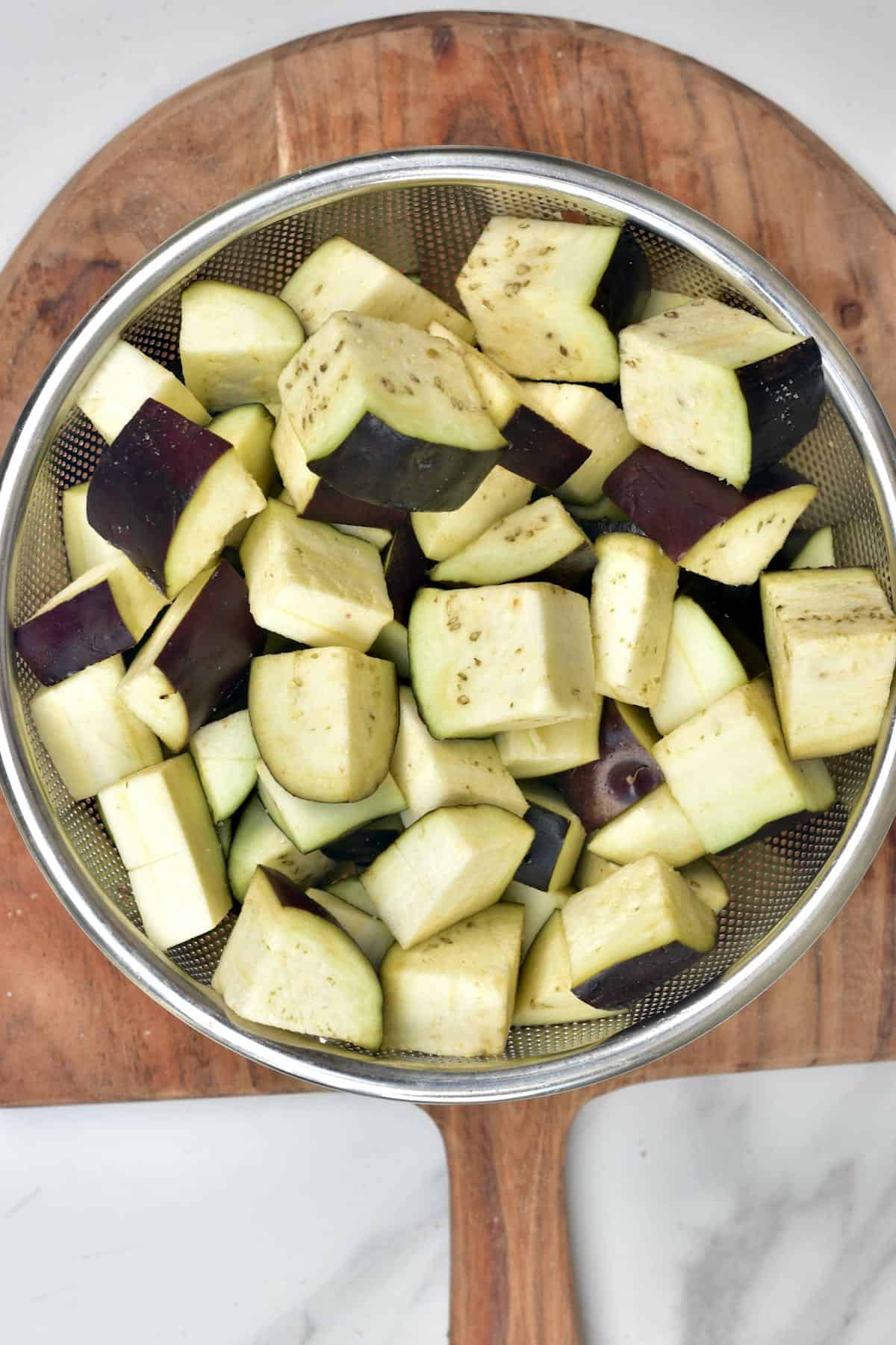 Chopped eggplant in a bowl