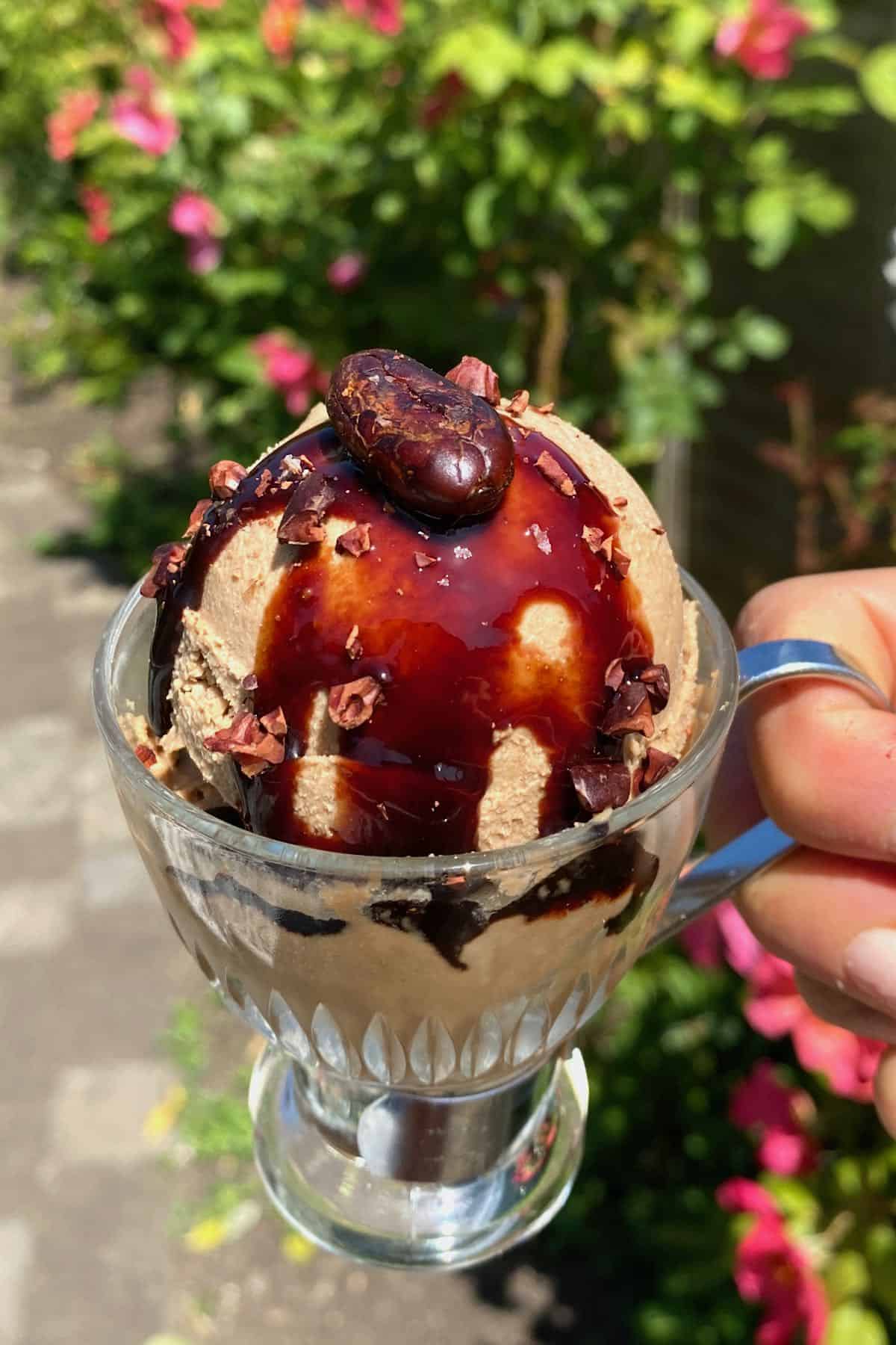 Coffee ice cream topped with syrup and toasted cacao nibs
