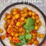 Chickpea Curry over rice in a bowl