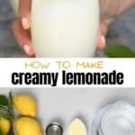 A glass of creamy lemonade and ingredients to make it