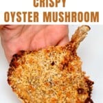 A hand holding a crispy oyster mushroom