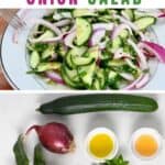 Cucumber onion salad served on a plate and ingredients to make it