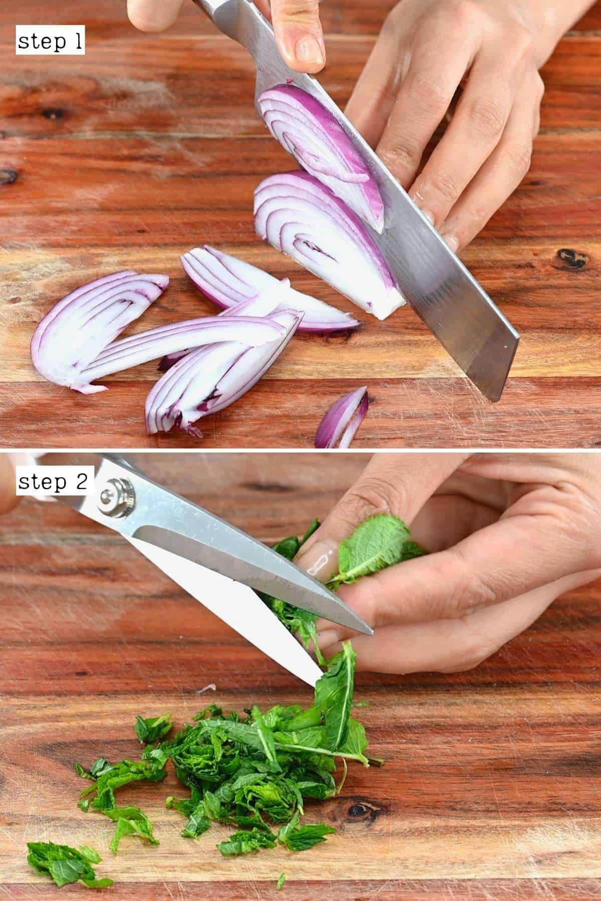 Slicing onion and cutting mint leaves
