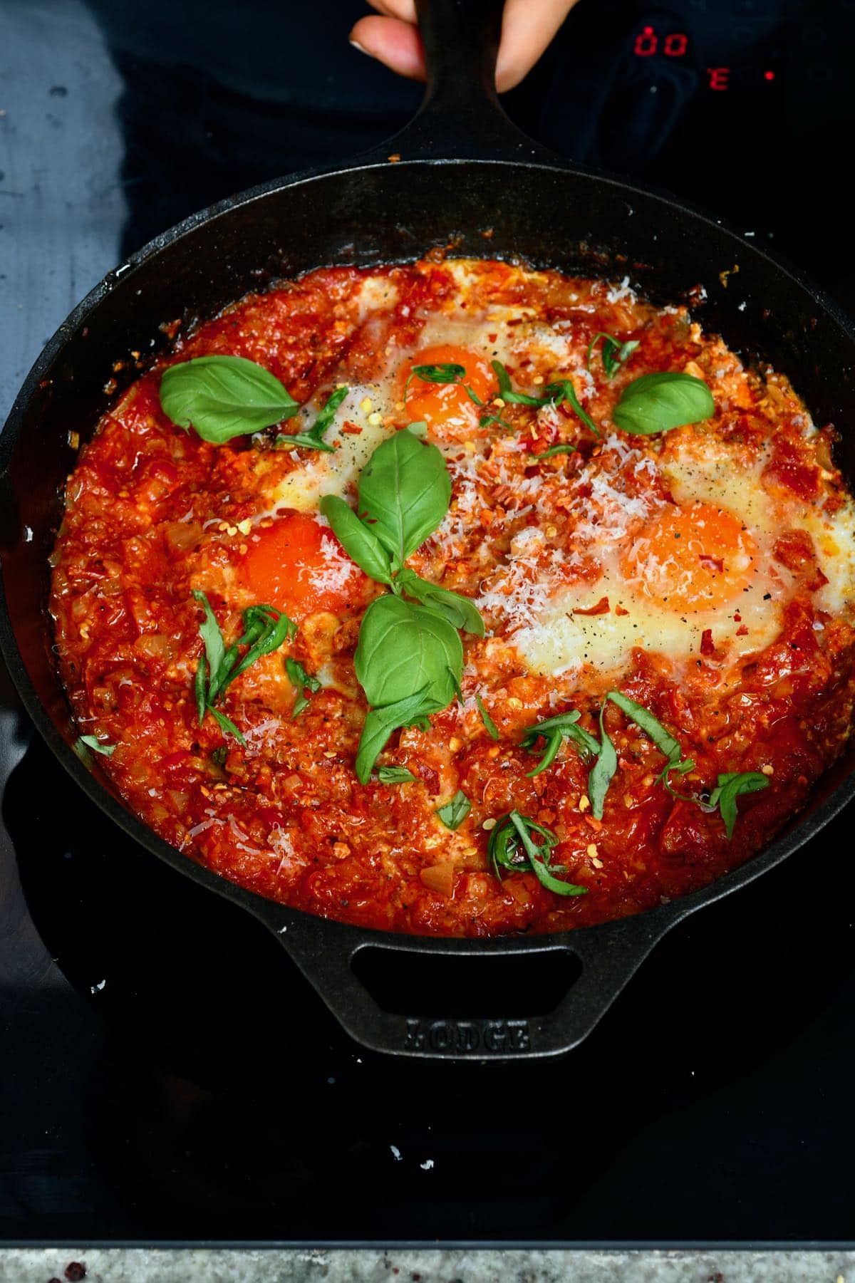 A skillet with eggs in purgatory