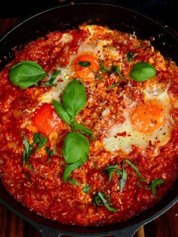 A skillet with eggs in purgatory