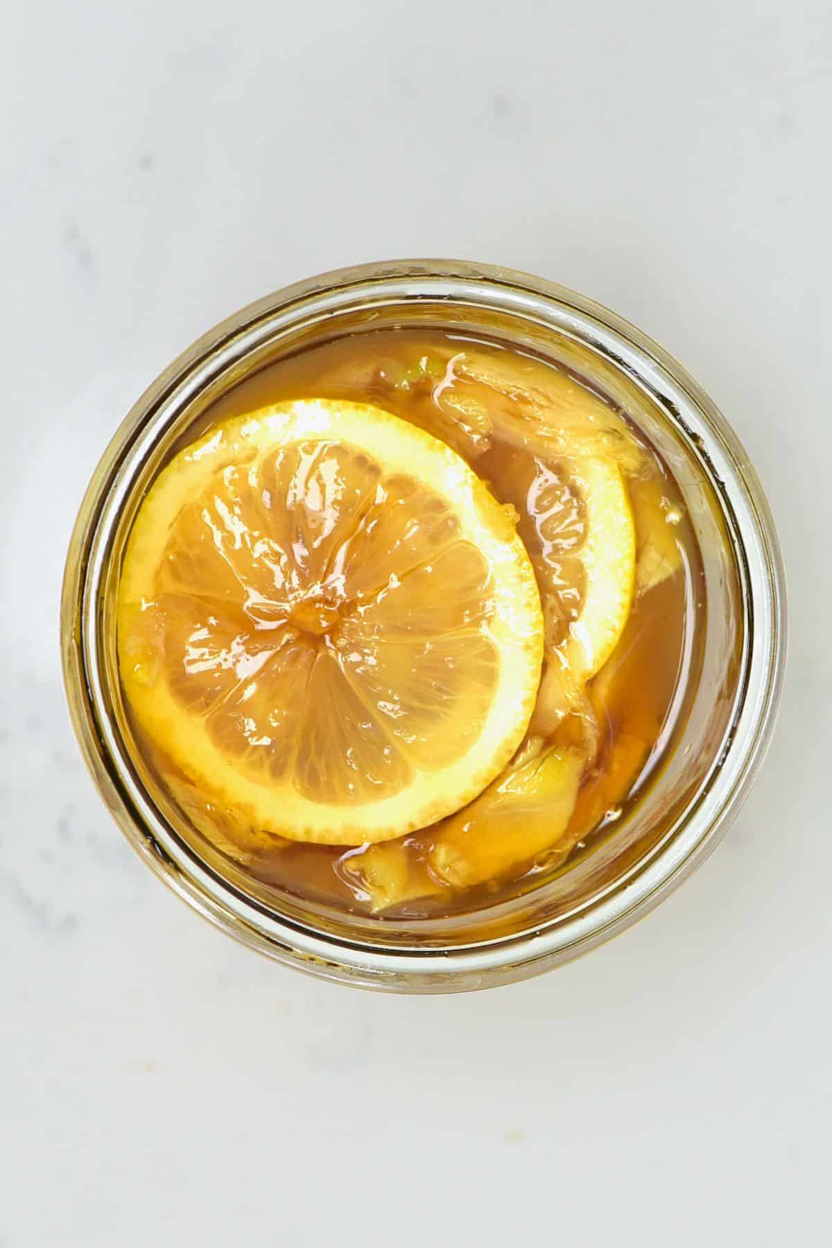 Top view of lemon ginger honey ferment in a jar