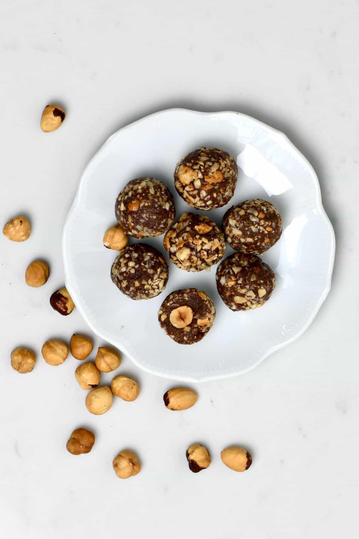 Seven vegan Ferrero Rocher on a plate