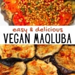 Vegan maqluba in a dish and eggplant slices