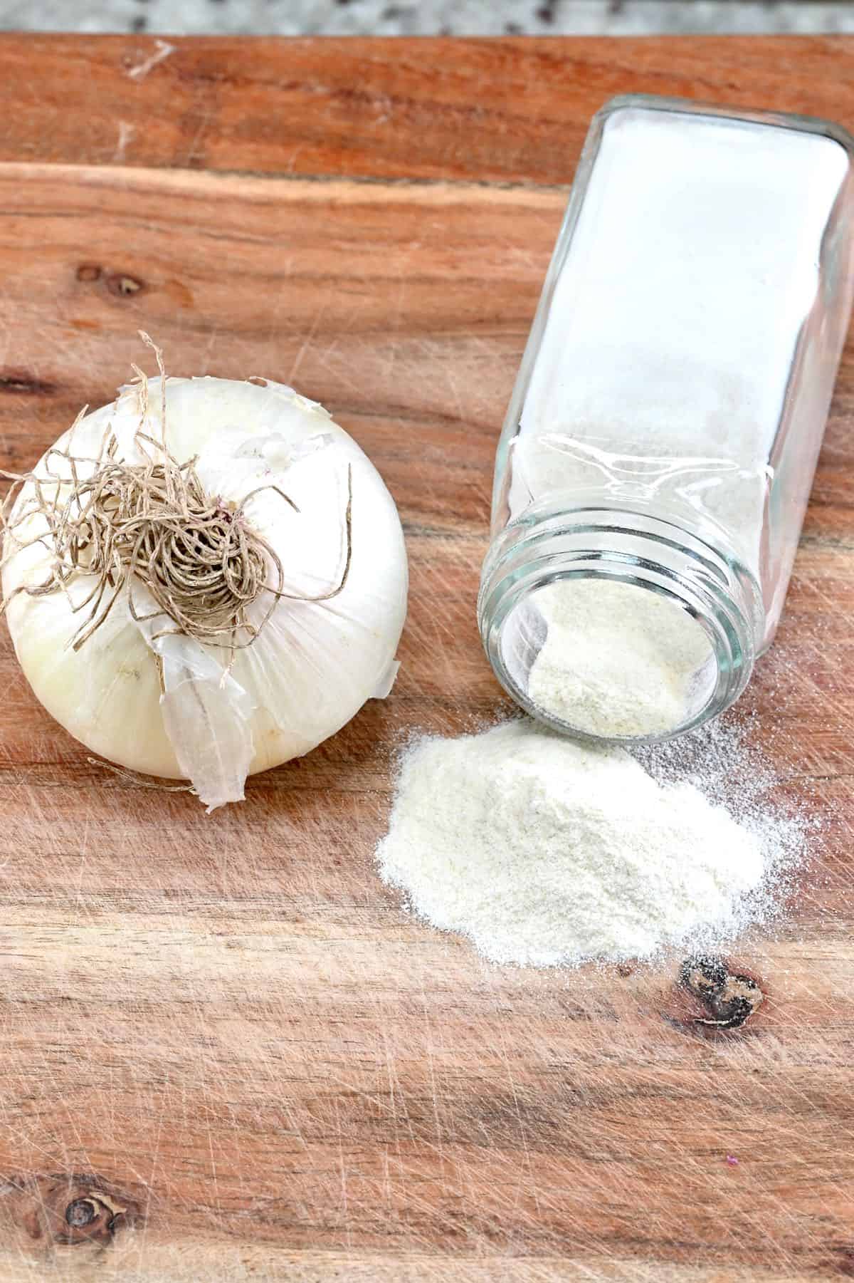 Onion powder spilling from a jar