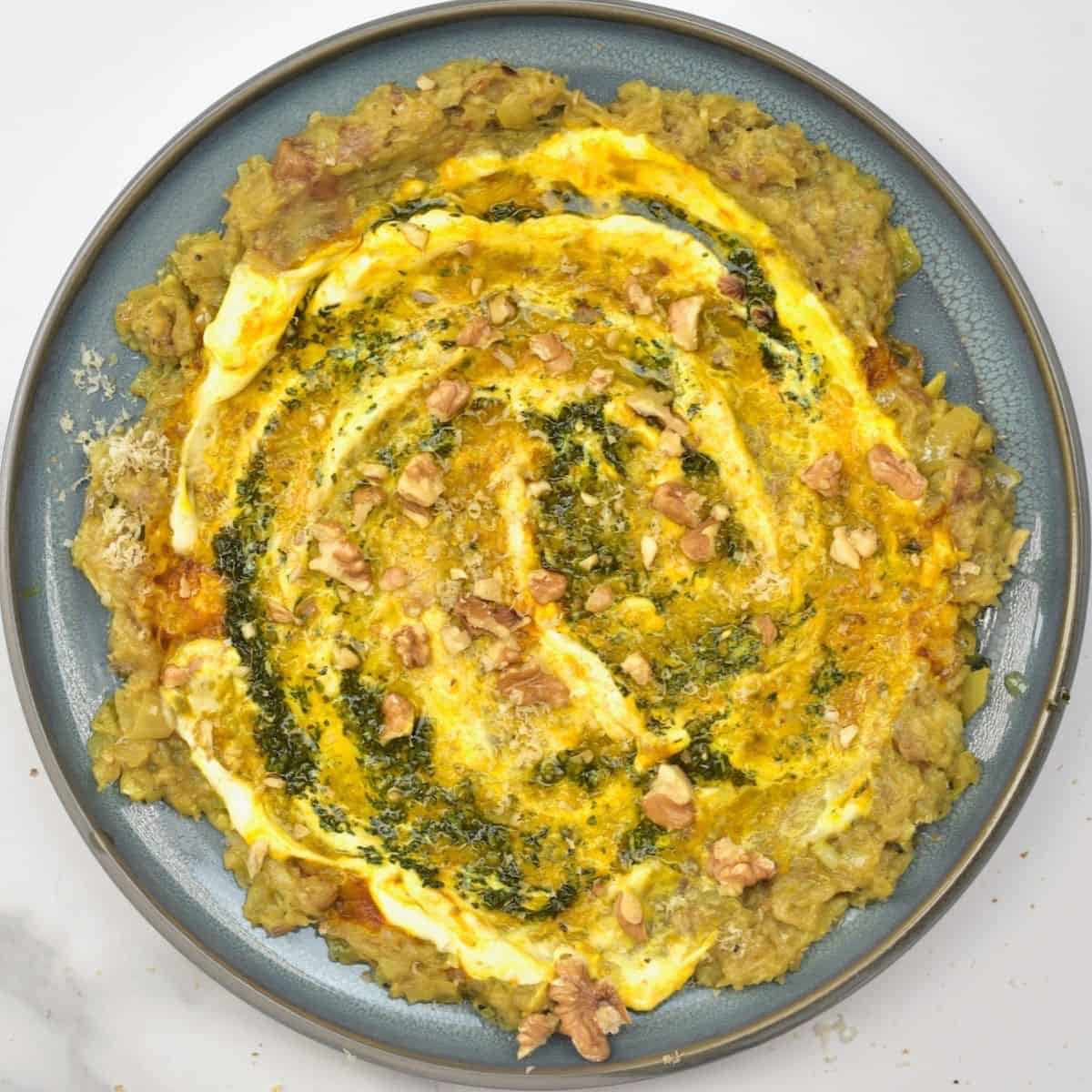 Persian eggplant dip topped with walnuts