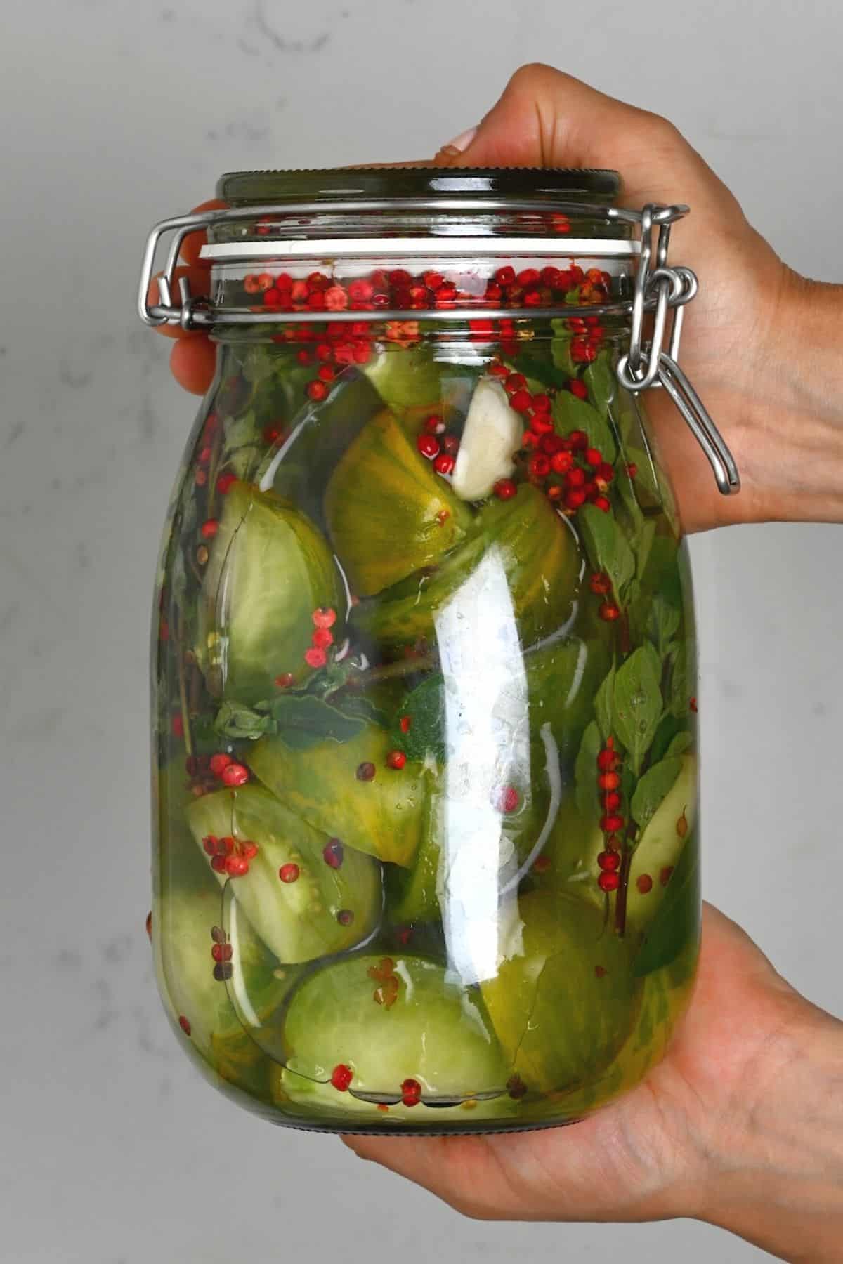 Pickled green tomatoes with garlic in a jar