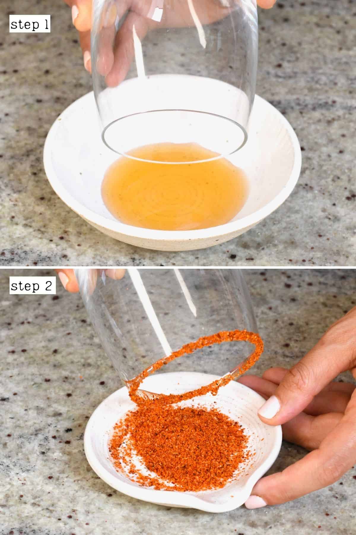 Adding honey and salt to the rim of a glass