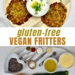 Three vegan fritters with dipping sauce and ingredients to make it