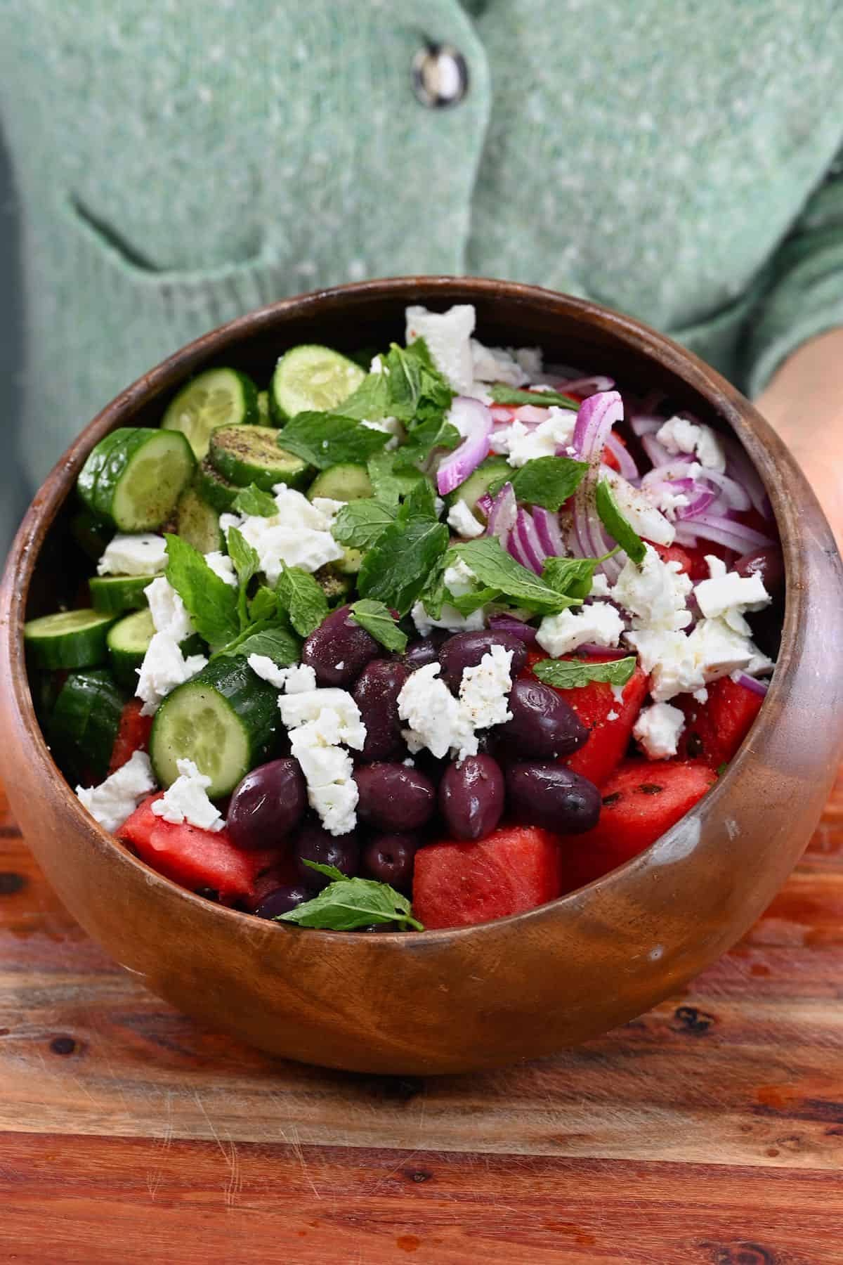 Watermelon and feta salad in a bowl